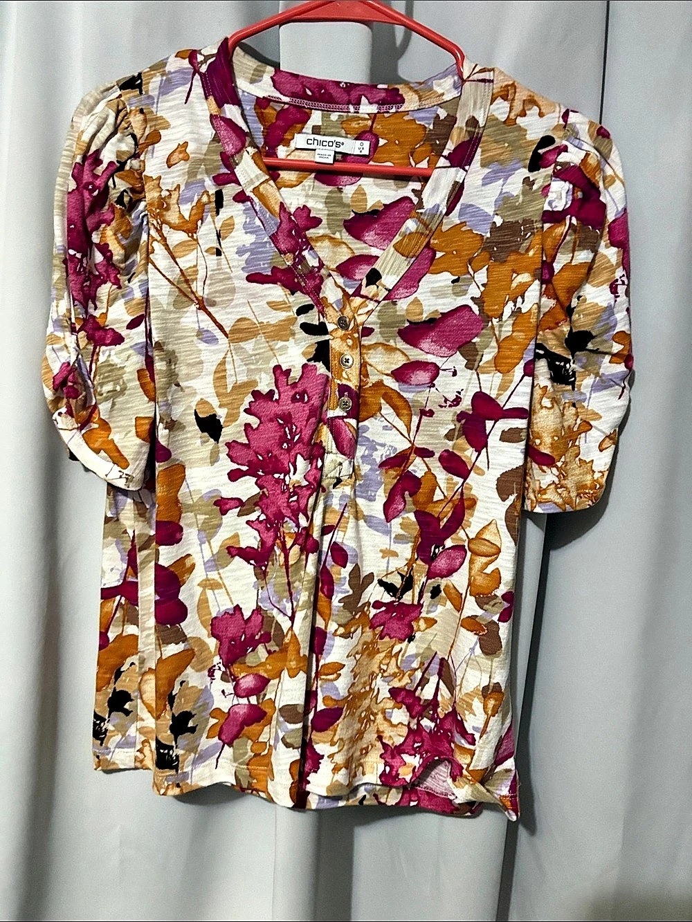 Chico's Floral Button Front Blouse in White & Pink Size XS